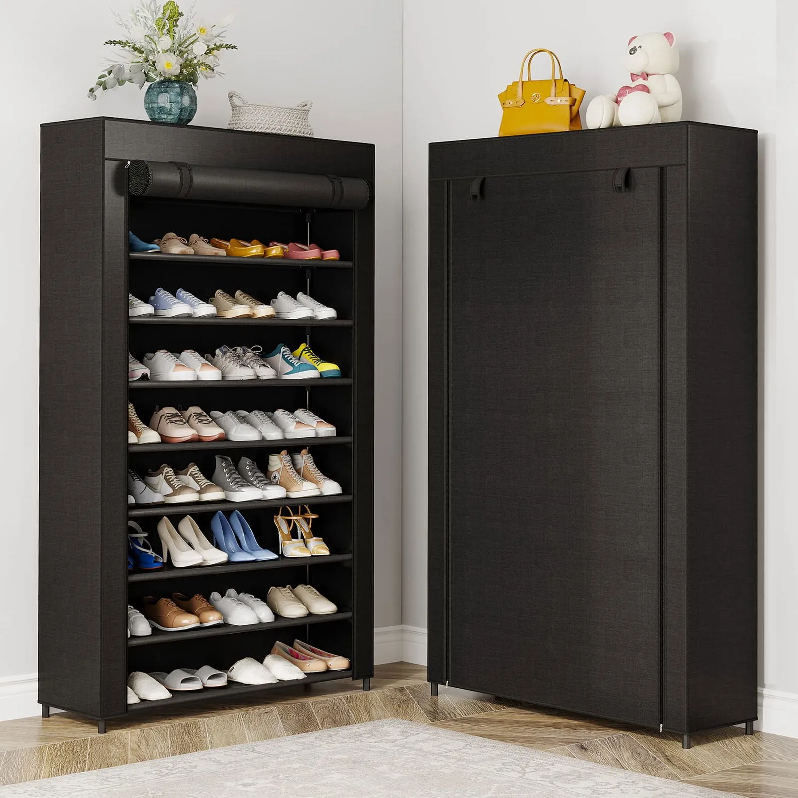 10 Tier Shoes Rack with Cover, Shoes Racks Organizer for Closet, Black Large Shoe Shelf for Entryway,50 Pair Large Shoe Stand, Non-Woven Shoe Storage Rack