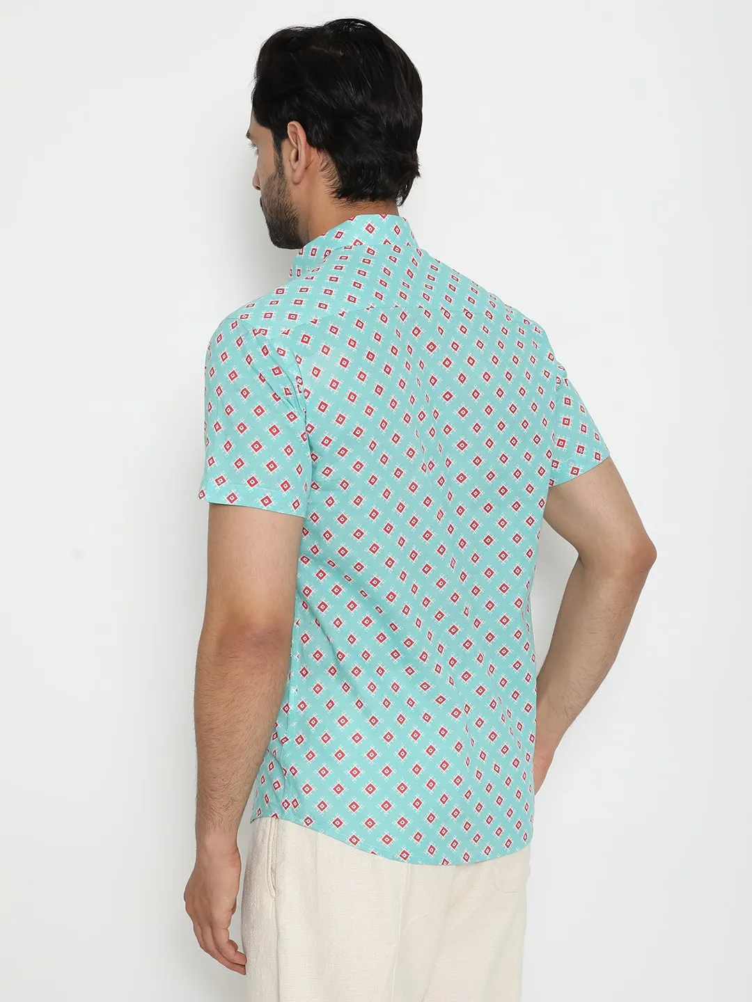 Aqua blue Short Sleeve Cotton Hand Block Printed Men’s Shirt