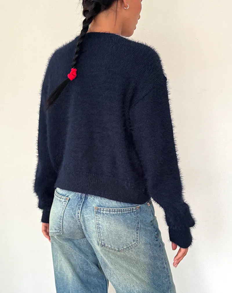 Audrina Cardigan In Fluffy Knit Navy