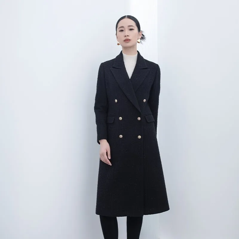 Black Double Breasted Tweed Trench Coats