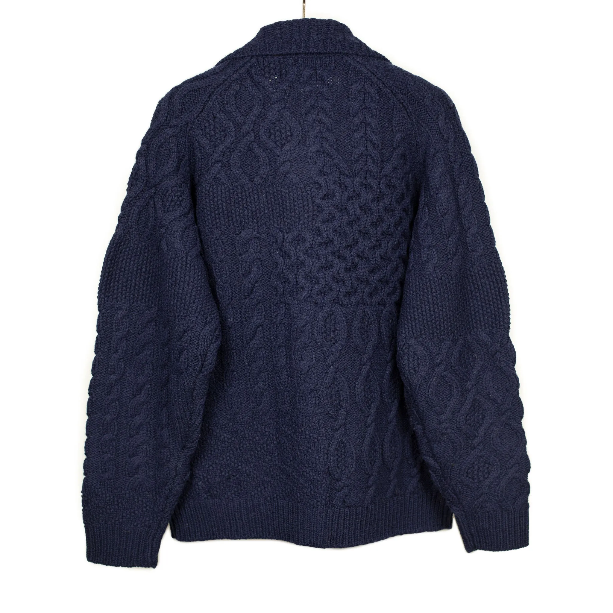 Crazy cable knit Aran cardigan in navy wool