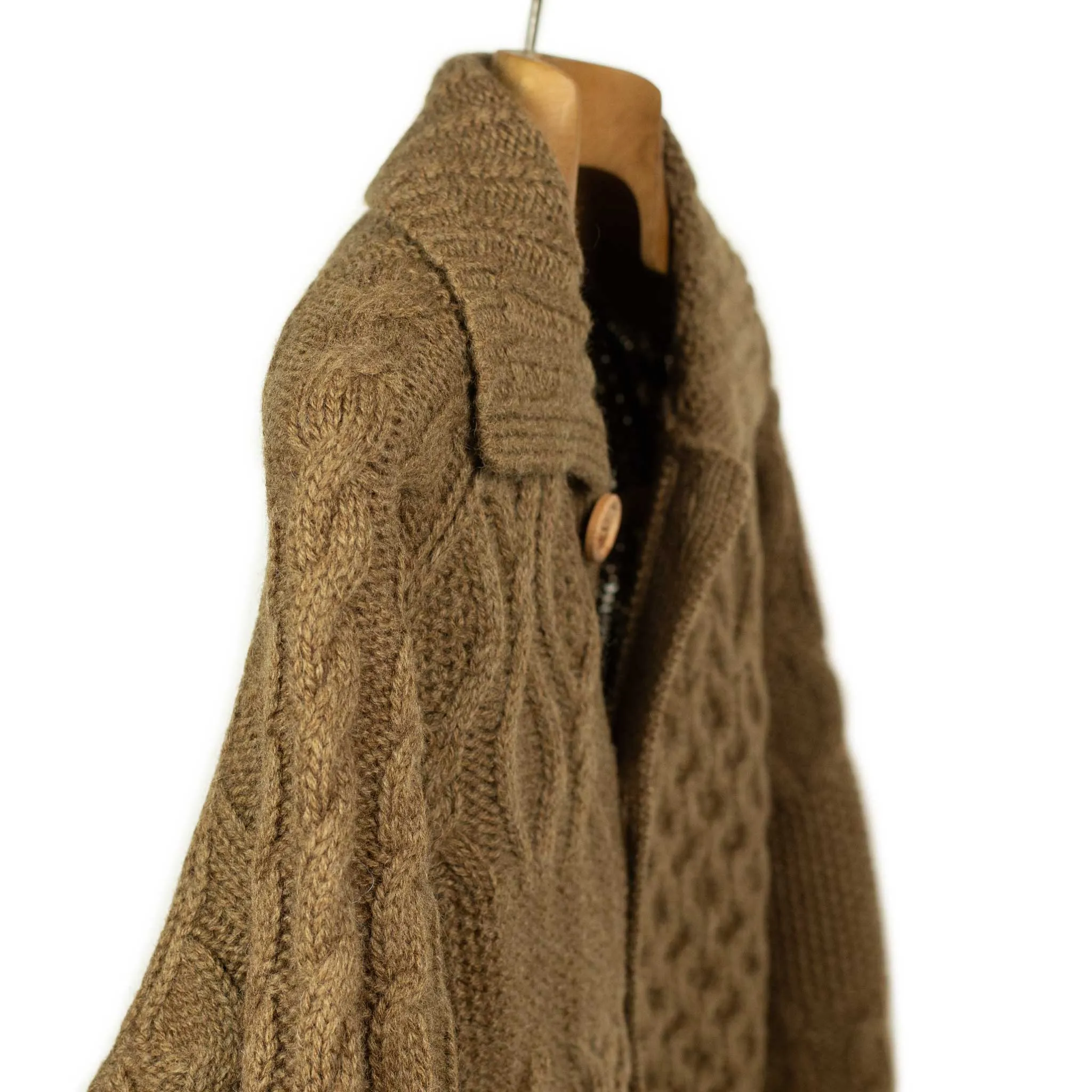 Crazy cable knit Aran cardigan in tobacco brown wool