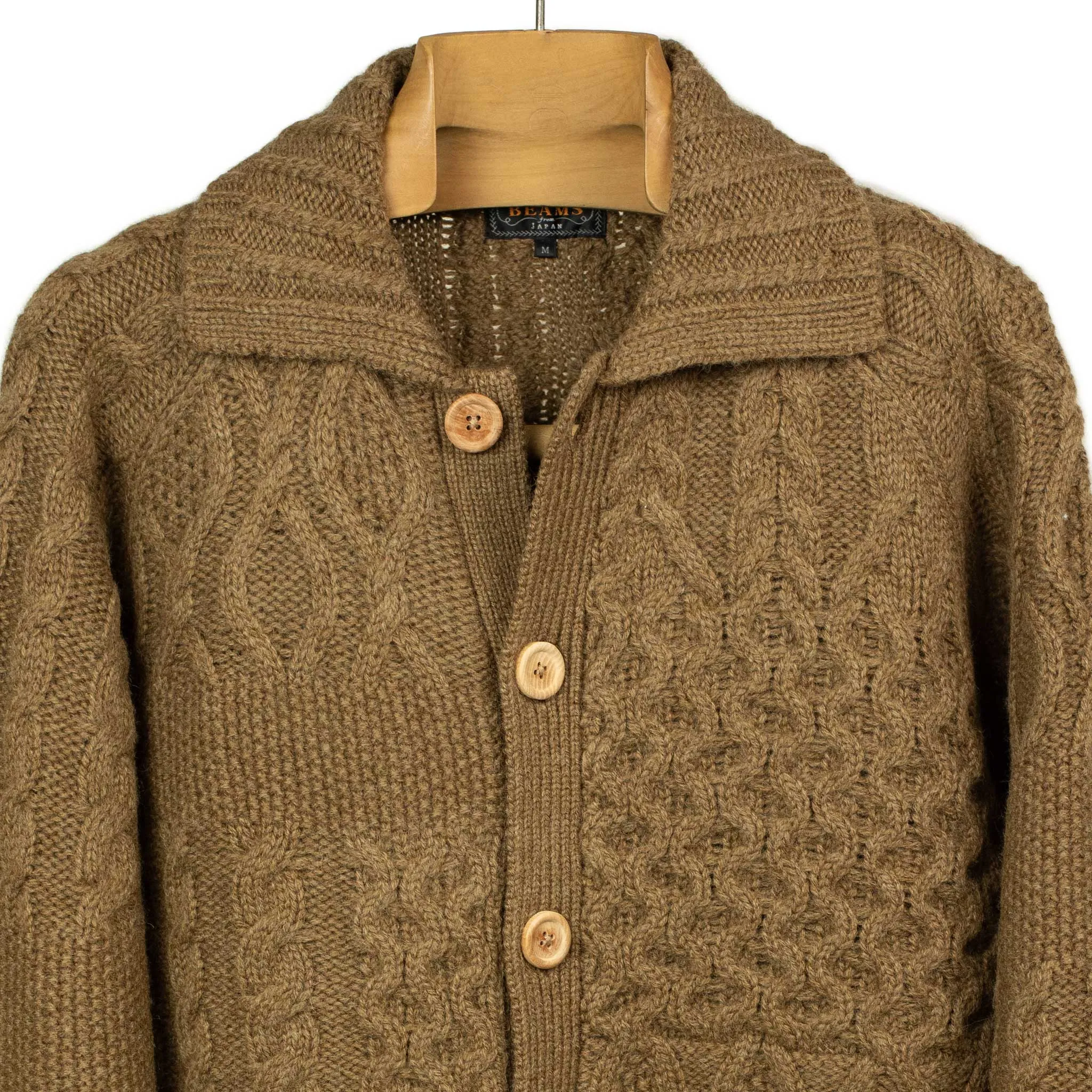 Crazy cable knit Aran cardigan in tobacco brown wool