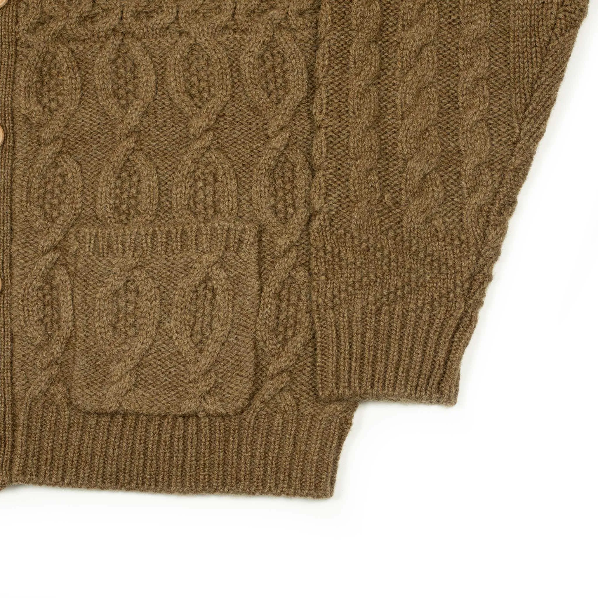 Crazy cable knit Aran cardigan in tobacco brown wool