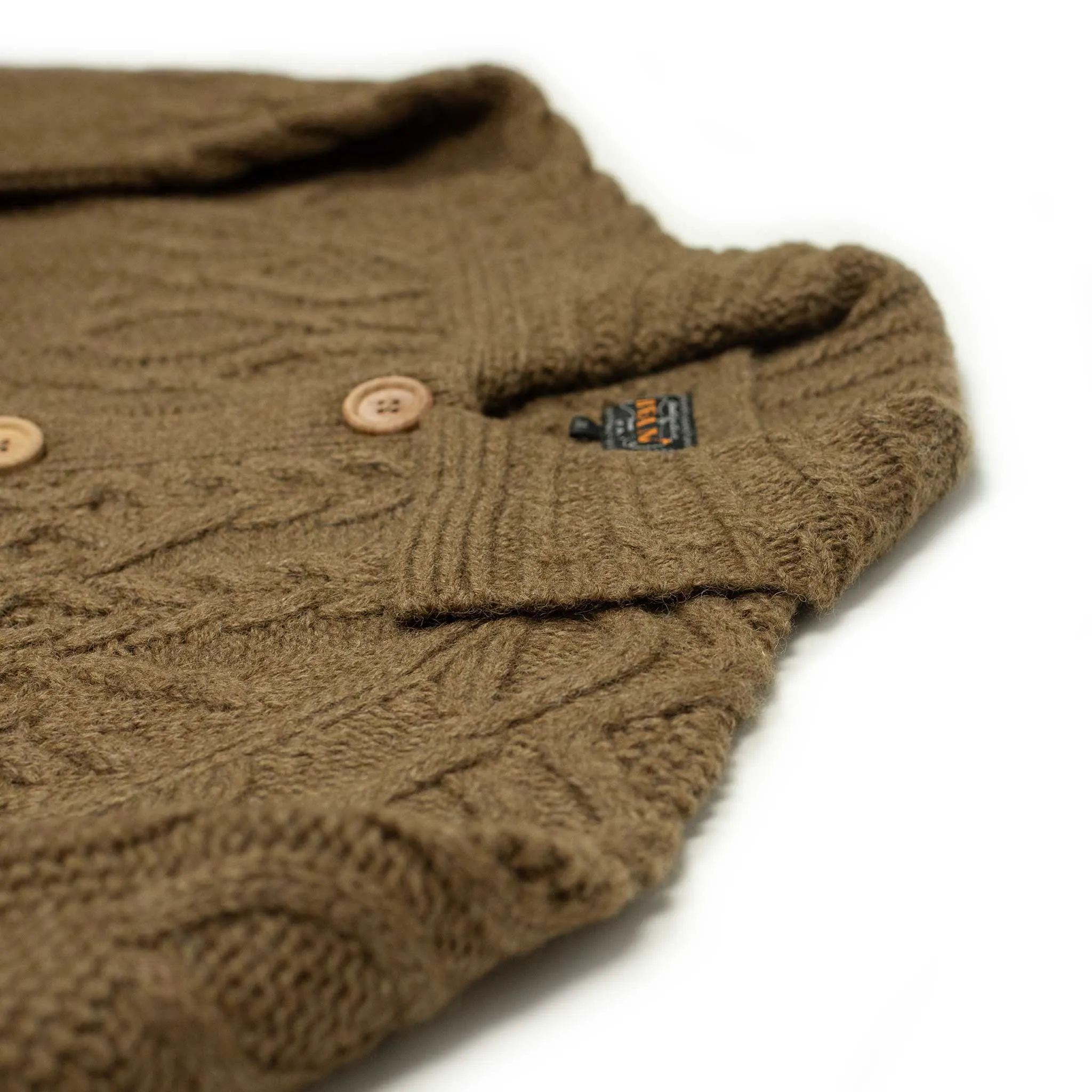 Crazy cable knit Aran cardigan in tobacco brown wool