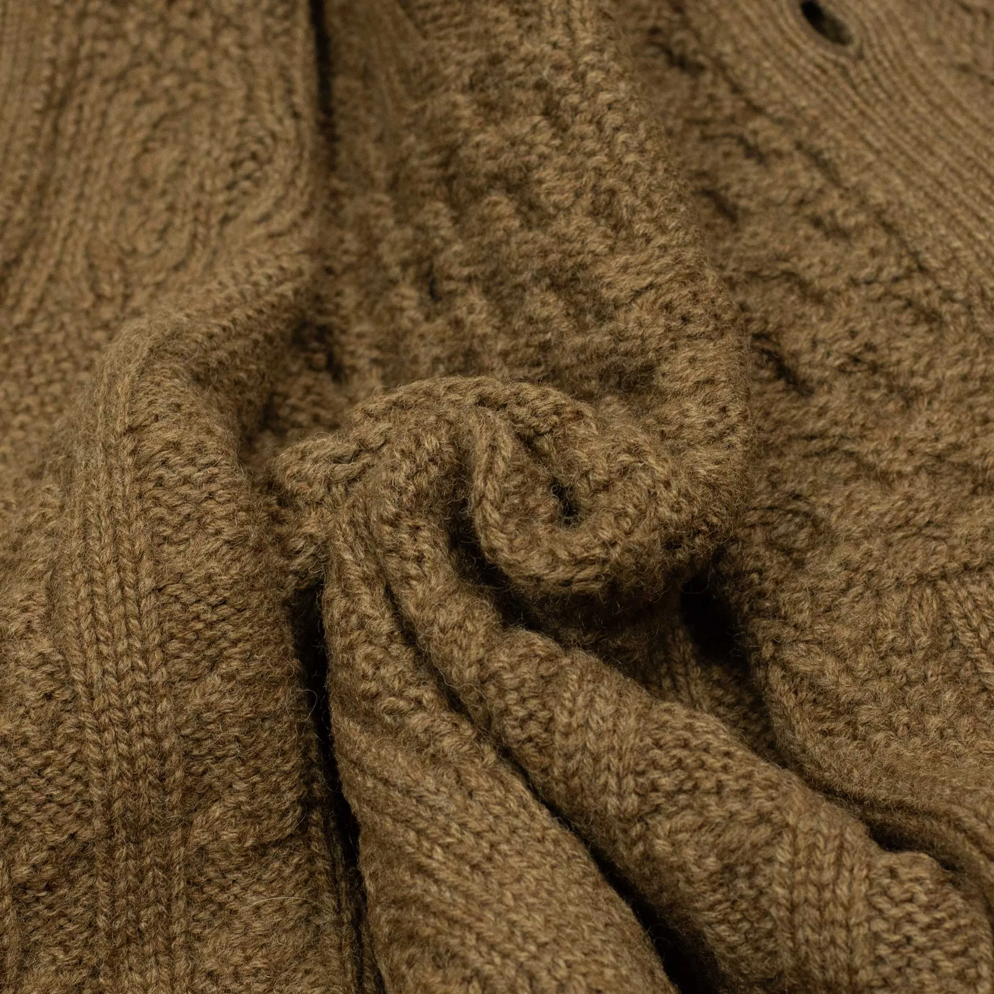 Crazy cable knit Aran cardigan in tobacco brown wool