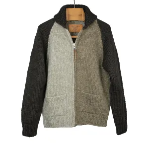 Exclusive hand-knit color-blocked Cowichan cardigan in shades of brown, 6-ply wool (restock)