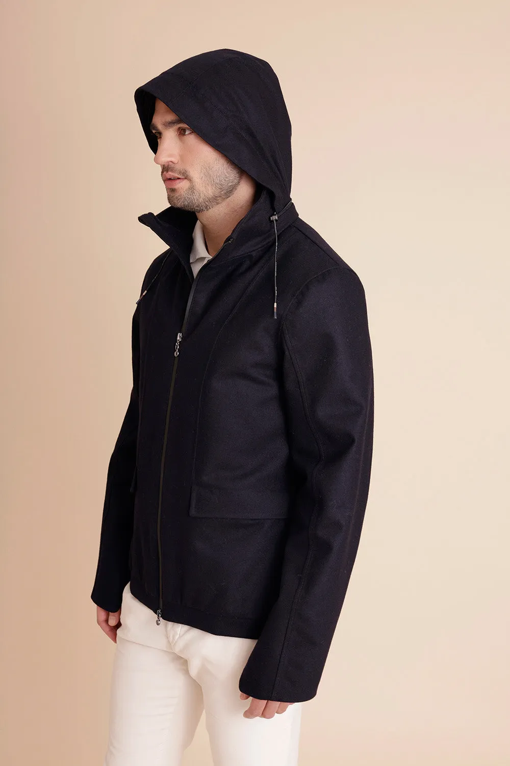 Mens Short Waterproof Trench - Navy Wool