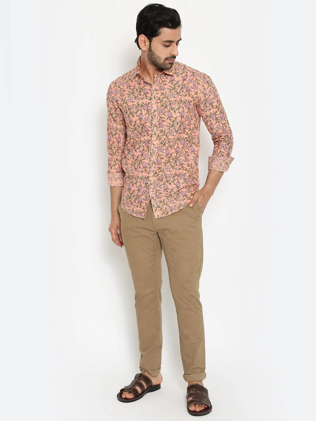 Peach Full Sleeve Cotton Hand Block Printed Men’s Shirt