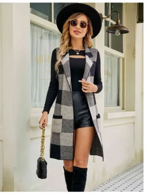 Plaid Lapel Collar Sleeveless Cardigan