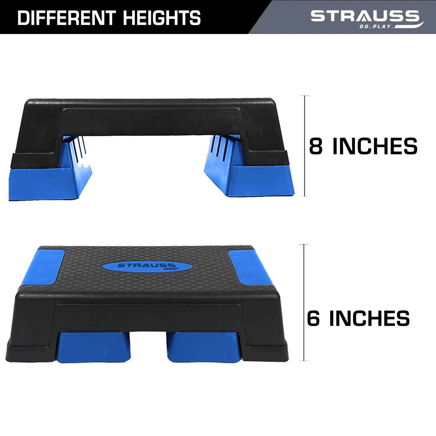 Strauss High Rise Aerobic Stepper | Two Height Level Adjustments - 6 inches and 8 inches | Slip-Resistant & Shock Absorbing Platform for Extra-Durability - Supports Upto 200 KG, (Blue)