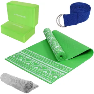 Strauss Meditation Designer Yoga Mat 5 mm (Green), Yoga Block (Green) Pair, Anti-Slip Yoga Towel (Blue) and Yoga Belt (Blue)