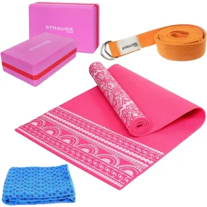 Strauss Meditation Designer Yoga Mat 5 mm (Pink), Yoga Block Dual Color (Pink)  Pair, Anti-Slip Yoga Towel (Blue) and Yoga Belt (Orange)