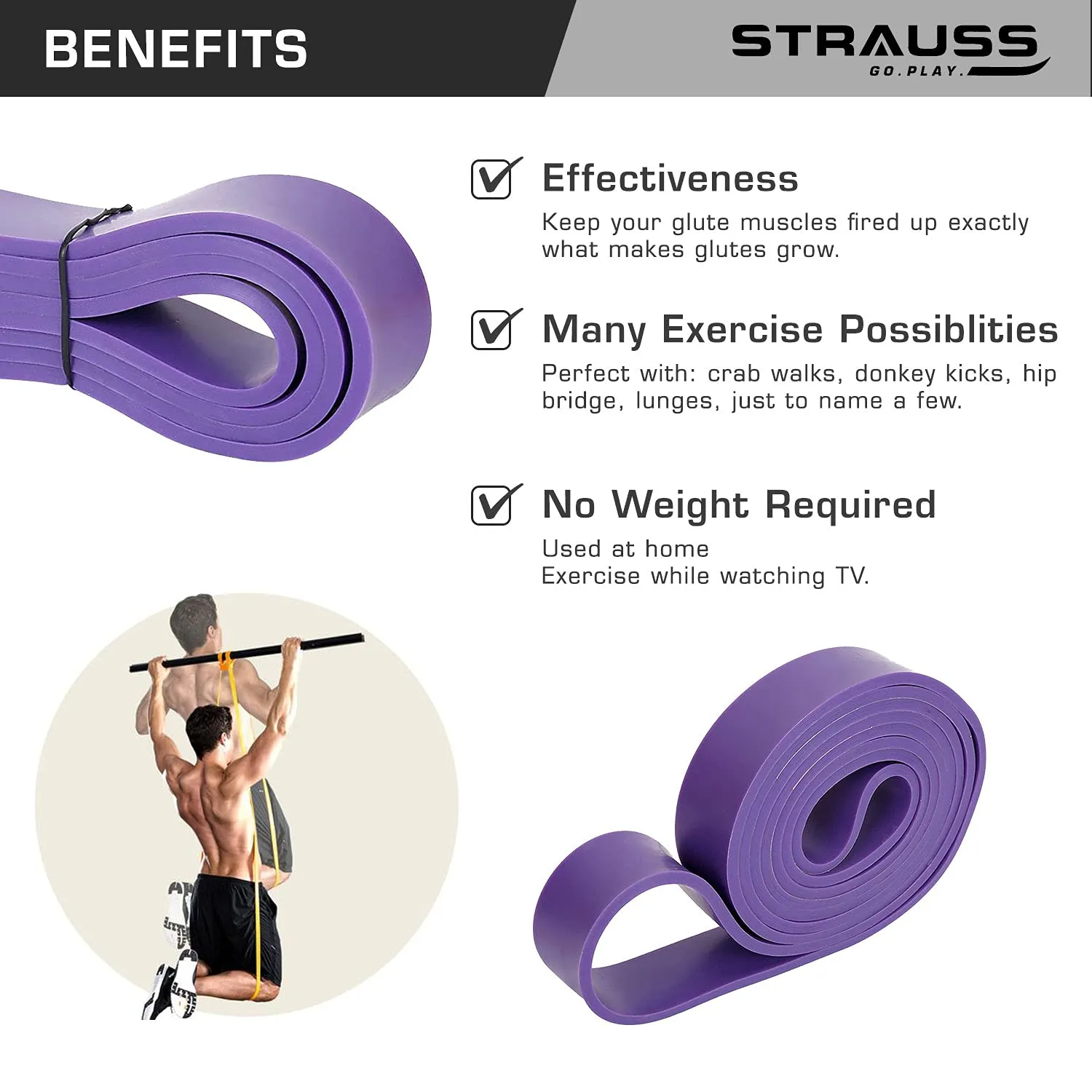 Strauss Resistance Band | Pull Up Bands Ideal for Home Exercise,Chin Ups, Squats & Core Workout | For Gym Men & Women | Resistance Bands, Loop Bands & Toning Bands | Resistance Level: 21-46Kg,(Purple)