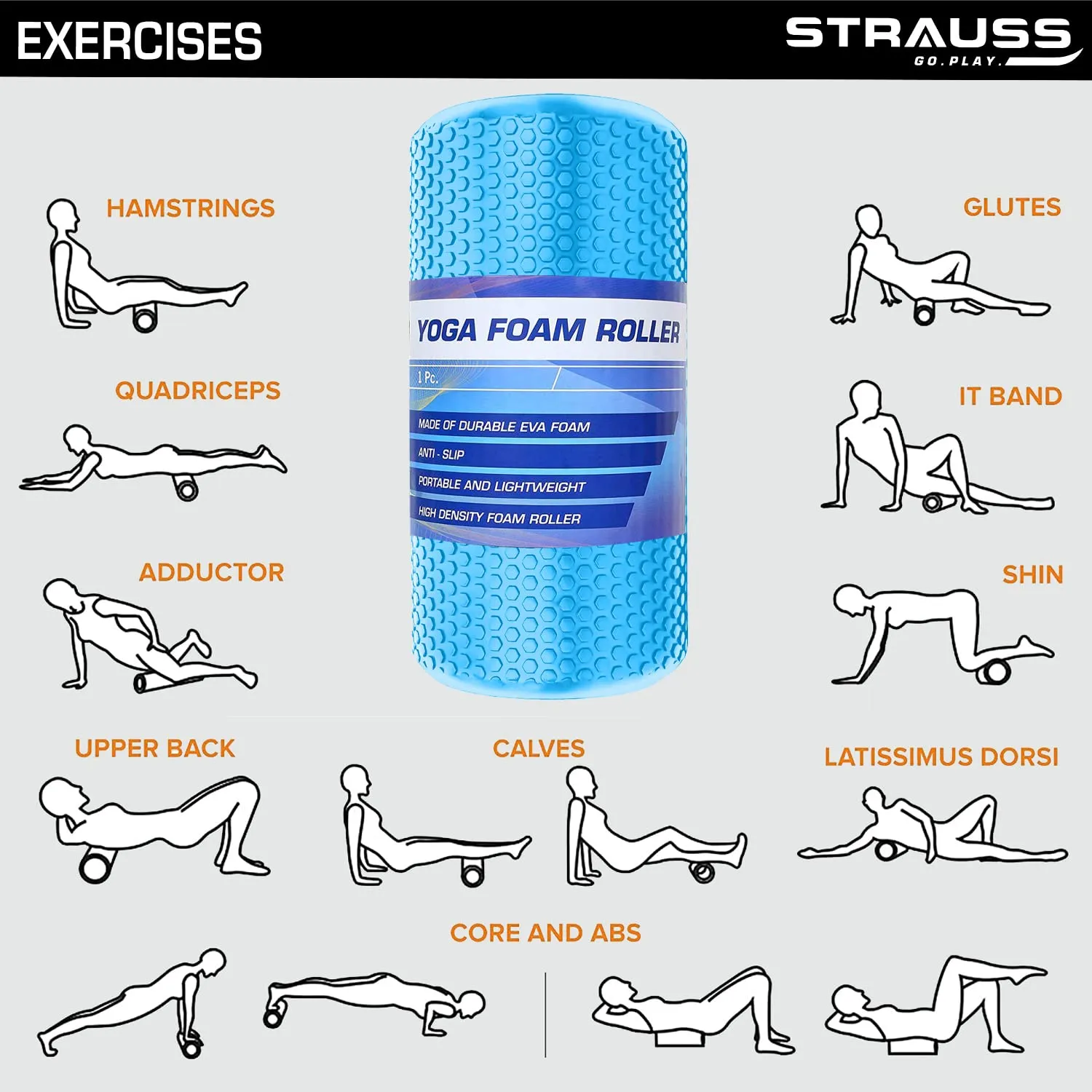 Strauss Yoga Foam Roller | Deep Tissue Massage Roller for Knee Exercise, Muscles Recovery & Physiotherapy | Home Gym Fitness Equipment for Full Body Relaxation and Flexibility | 45cm,(Sky Blue)