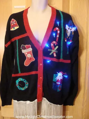 Tacky Light Up Christmas Sweater Nutcracker Toy Candycane Fringe