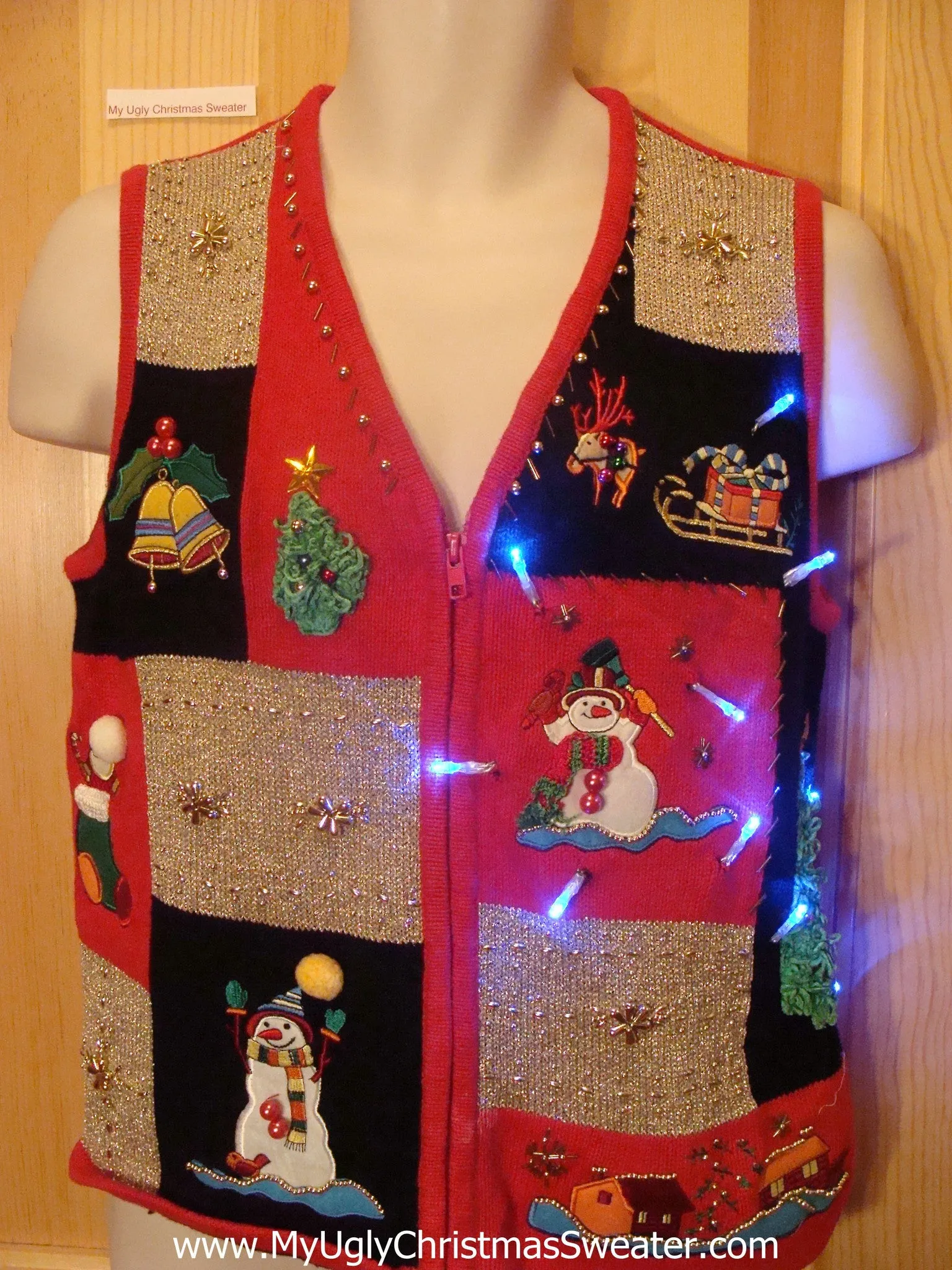 Tacky Xmas Sweater Vest with Lights Snowmen Front, Tree Back