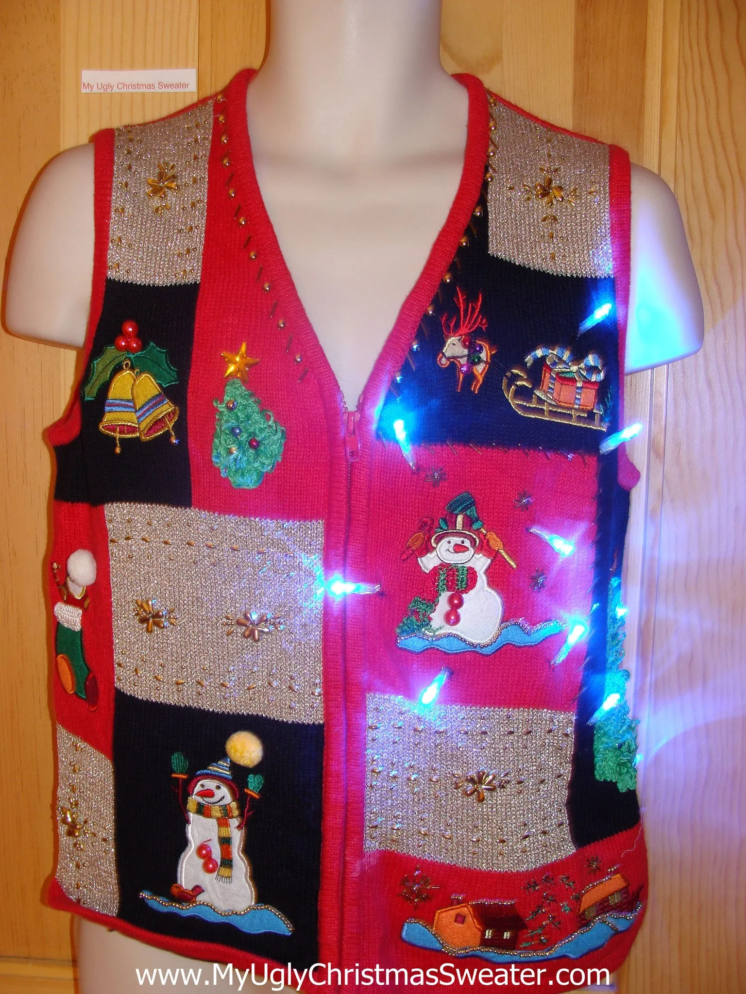 Tacky Xmas Sweater Vest with Lights Snowmen Front, Tree Back